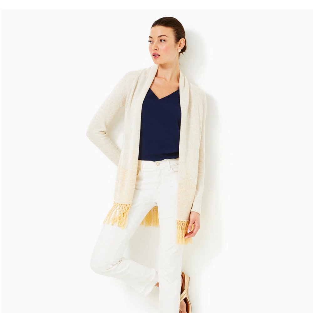 Lilly Pulitzer Cream Cardigan with Gold Fringe